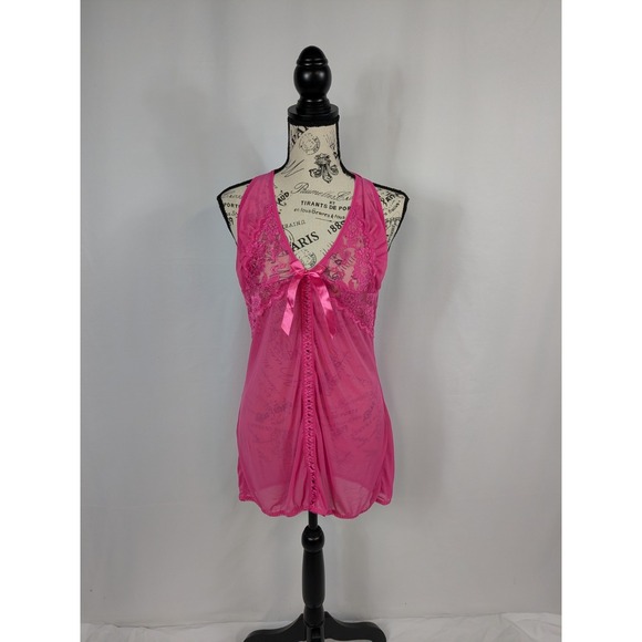 Coquette Babydoll Sheer Romantic Lace Barbie Hot Pink Slip Dress Mini Bow A006 - Picture 1 of 11